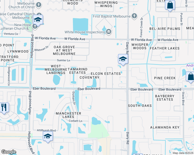 map of restaurants, bars, coffee shops, grocery stores, and more near 1265 Coventry Circle in Melbourne