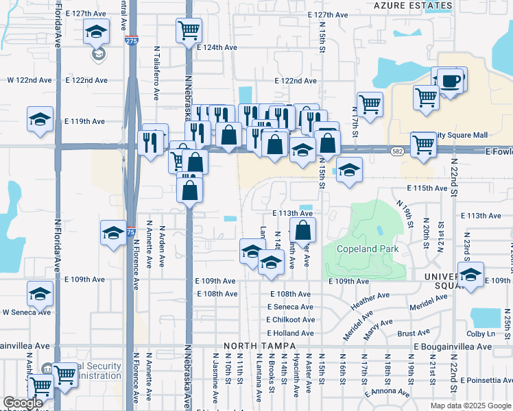 map of restaurants, bars, coffee shops, grocery stores, and more near 1280 East 113th Avenue in Tampa