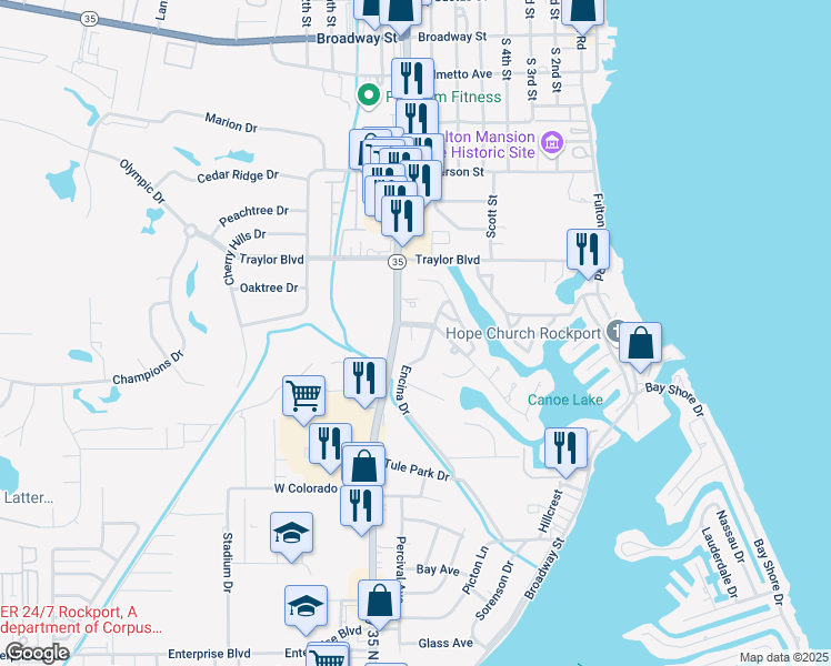 map of restaurants, bars, coffee shops, grocery stores, and more near 1809 Harbor Drive in Rockport