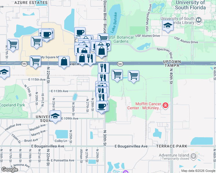 map of restaurants, bars, coffee shops, grocery stores, and more near 11315 North 30th Street in Tampa