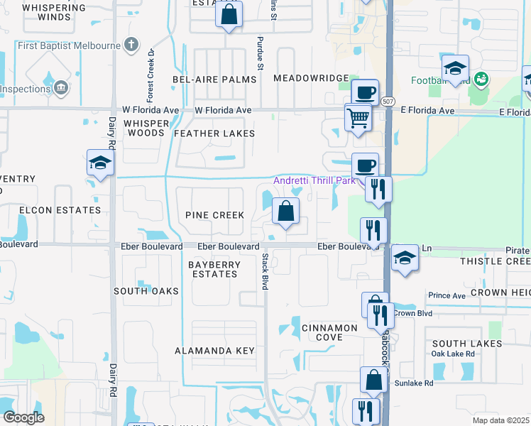 map of restaurants, bars, coffee shops, grocery stores, and more near 3722 Town Square Boulevard in Melbourne