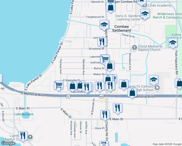 map of restaurants, bars, coffee shops, grocery stores, and more near 2440 Weber Street in Lakeland