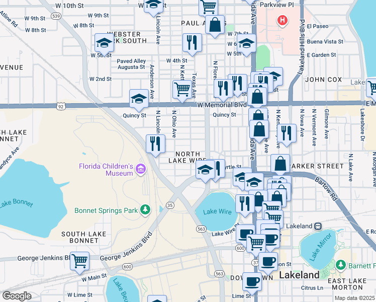 map of restaurants, bars, coffee shops, grocery stores, and more near 605 Pear Street in Lakeland
