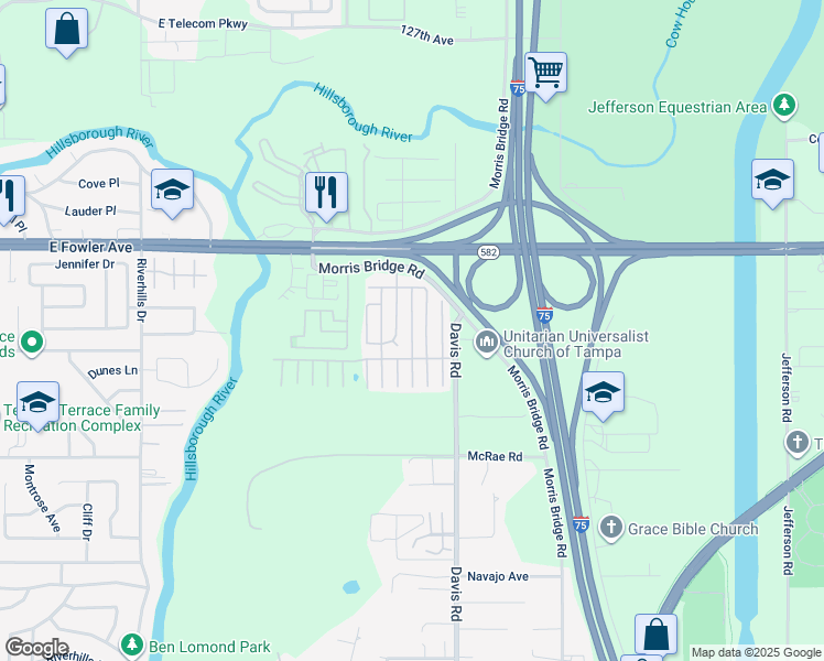 map of restaurants, bars, coffee shops, grocery stores, and more near 11501-11543 Leanne Lane in Tampa