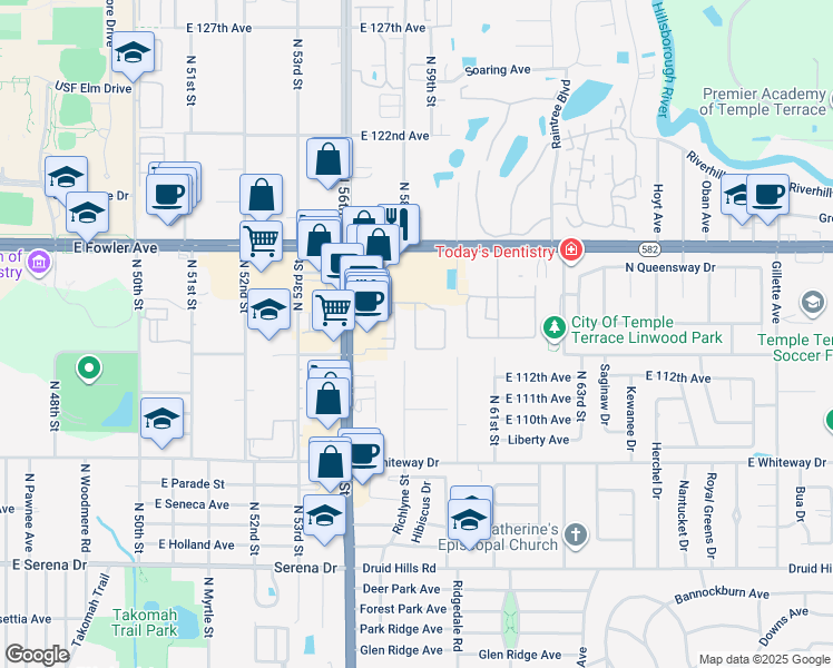 map of restaurants, bars, coffee shops, grocery stores, and more near 11323 Stratton Park Drive in Tampa