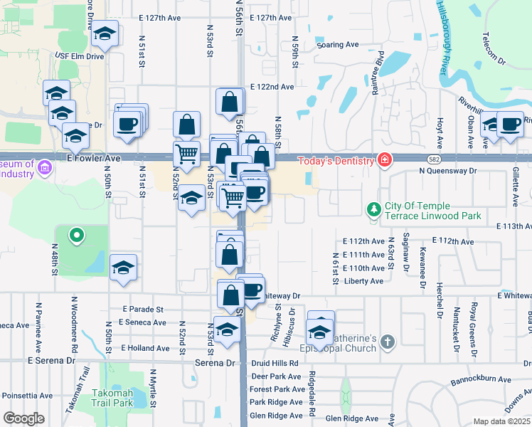 map of restaurants, bars, coffee shops, grocery stores, and more near 11301 North 56th Street in Temple Terrace