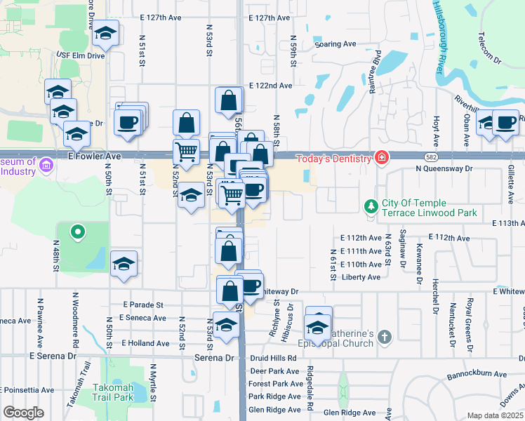 map of restaurants, bars, coffee shops, grocery stores, and more near 11301 North 56th Street in Temple Terrace