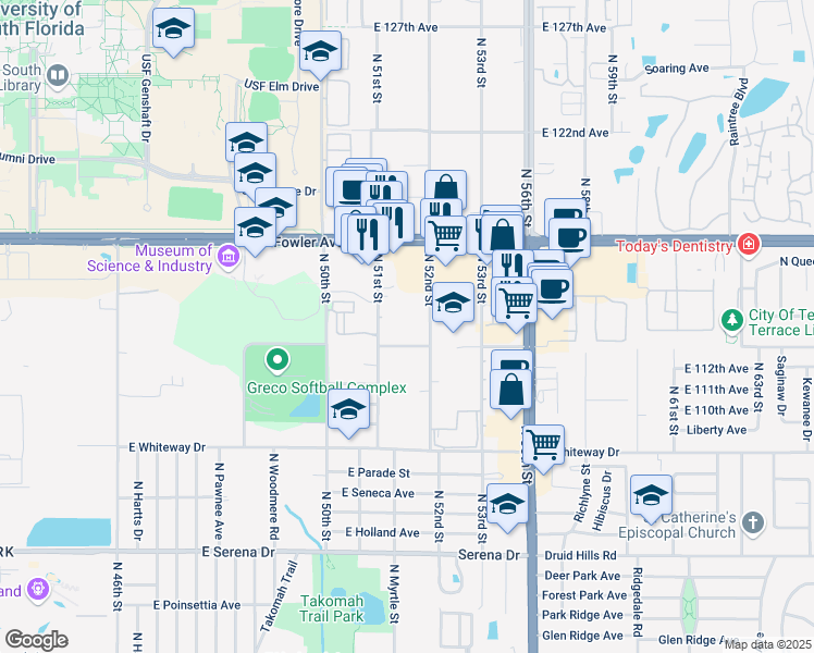 map of restaurants, bars, coffee shops, grocery stores, and more near 11310 North 52nd Street in Tampa