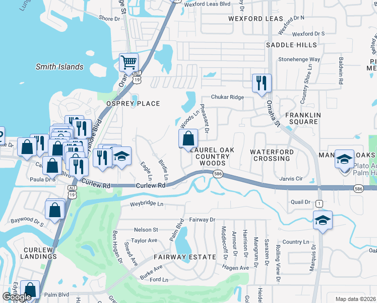 map of restaurants, bars, coffee shops, grocery stores, and more near 2744 Country Woods Lane in Palm Harbor
