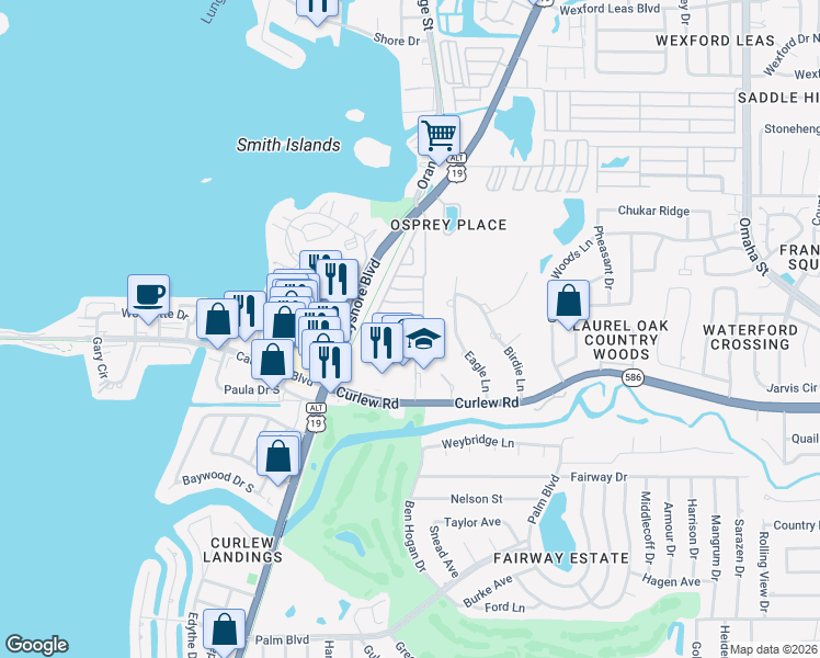 map of restaurants, bars, coffee shops, grocery stores, and more near 100 3rd Street in Palm Harbor