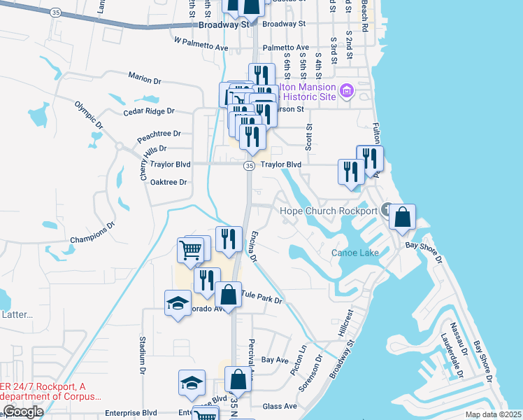 map of restaurants, bars, coffee shops, grocery stores, and more near 1809 Harbor Drive in Rockport