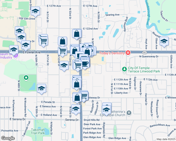 map of restaurants, bars, coffee shops, grocery stores, and more near 11301 North 56th Street in Temple Terrace