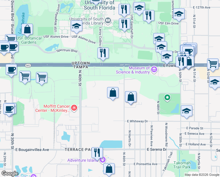 map of restaurants, bars, coffee shops, grocery stores, and more near 11326 North 46th Street in Tampa