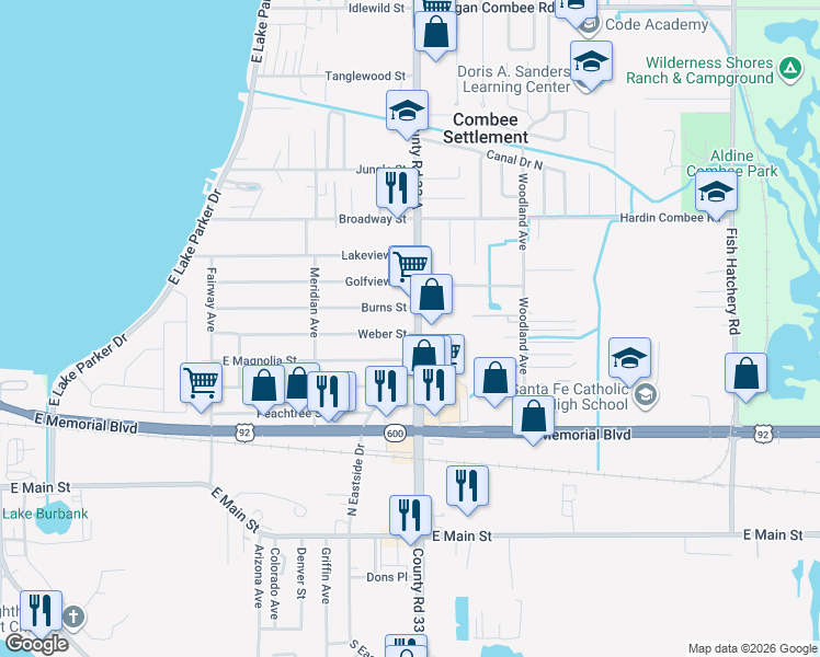 map of restaurants, bars, coffee shops, grocery stores, and more near 2526 Weber Street in Lakeland
