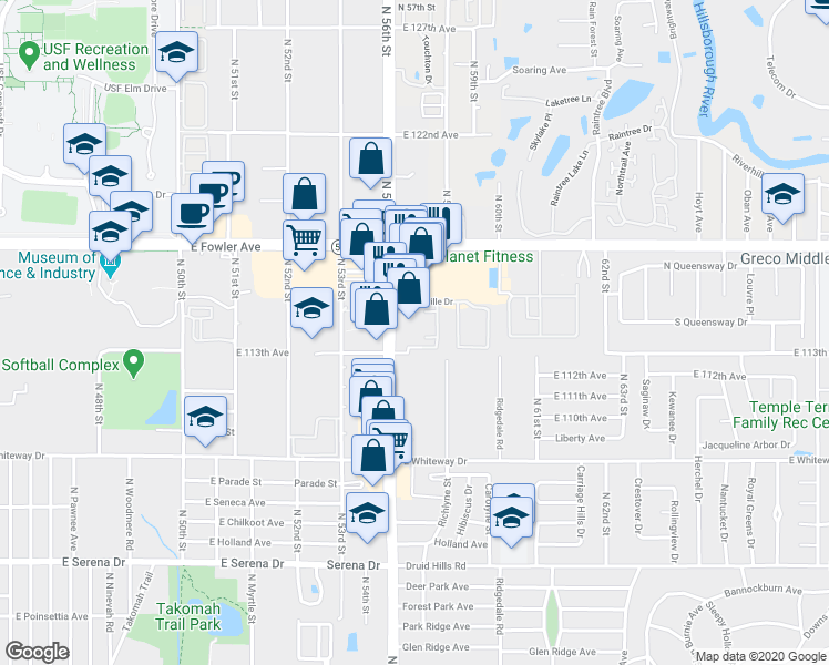 map of restaurants, bars, coffee shops, grocery stores, and more near 11301 North 56th Street in Tampa
