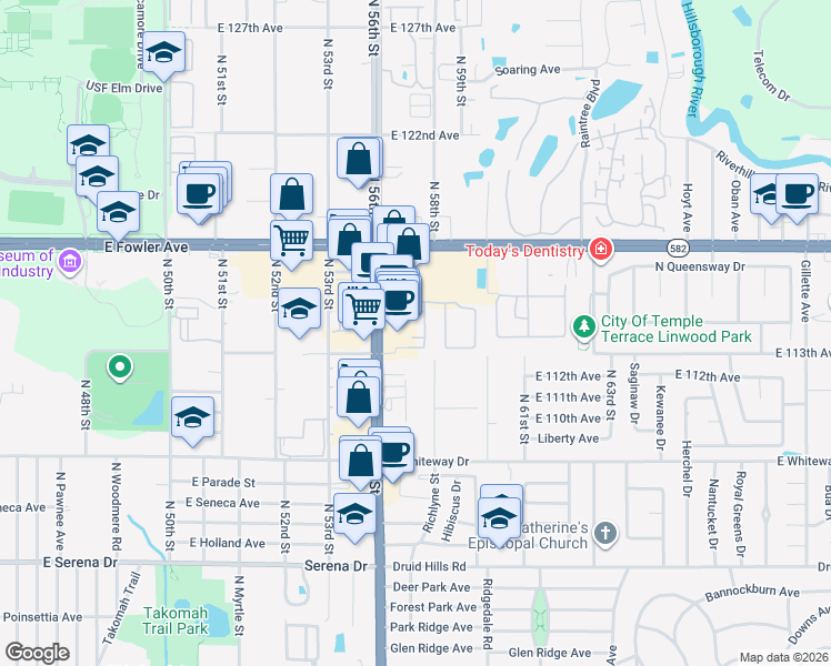 map of restaurants, bars, coffee shops, grocery stores, and more near 11301 North 56th Street in Temple Terrace