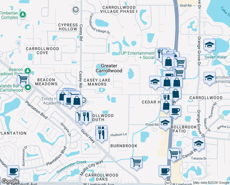 map of restaurants, bars, coffee shops, grocery stores, and more near 4105 Hudson Way in Tampa