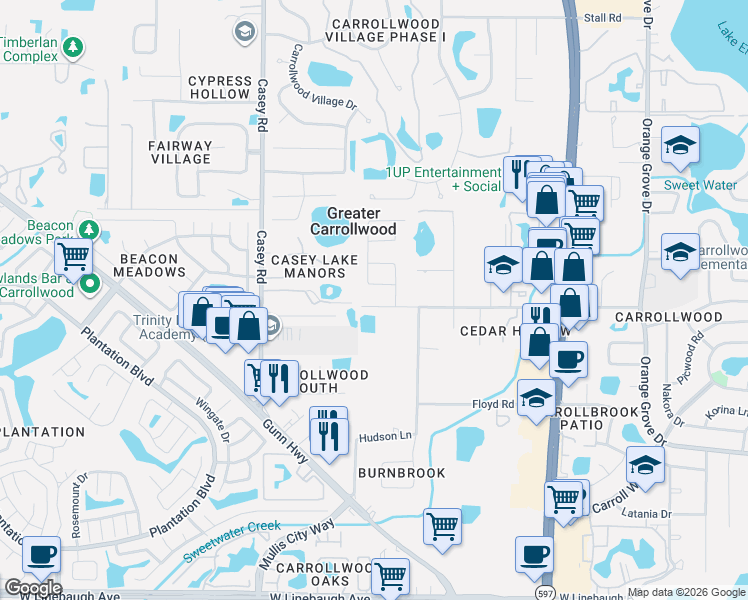 map of restaurants, bars, coffee shops, grocery stores, and more near 4105 Hudson Way in Tampa