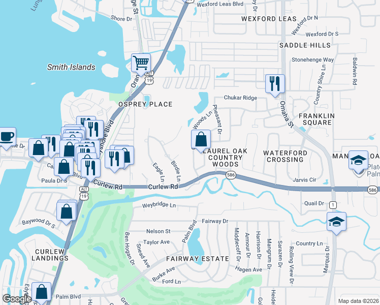 map of restaurants, bars, coffee shops, grocery stores, and more near 2744 Country Woods Lane in Palm Harbor