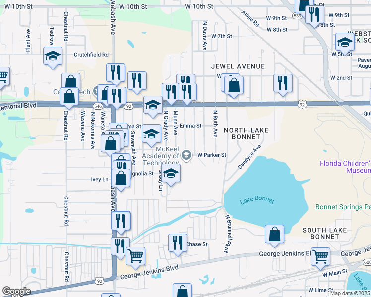 map of restaurants, bars, coffee shops, grocery stores, and more near 807 Swindel Avenue in Lakeland