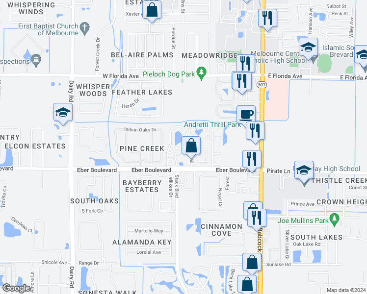 map of restaurants, bars, coffee shops, grocery stores, and more near 3844 Town Square Boulevard in Melbourne