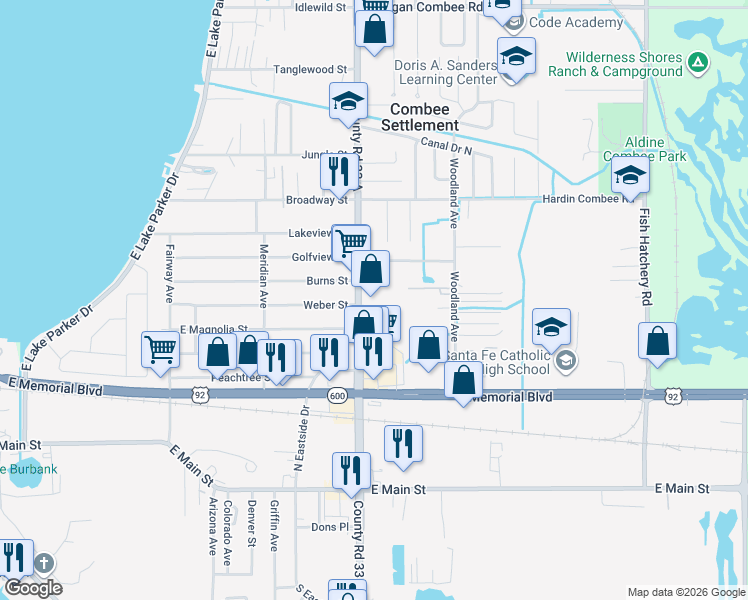 map of restaurants, bars, coffee shops, grocery stores, and more near 729 South Combee Road in Lakeland
