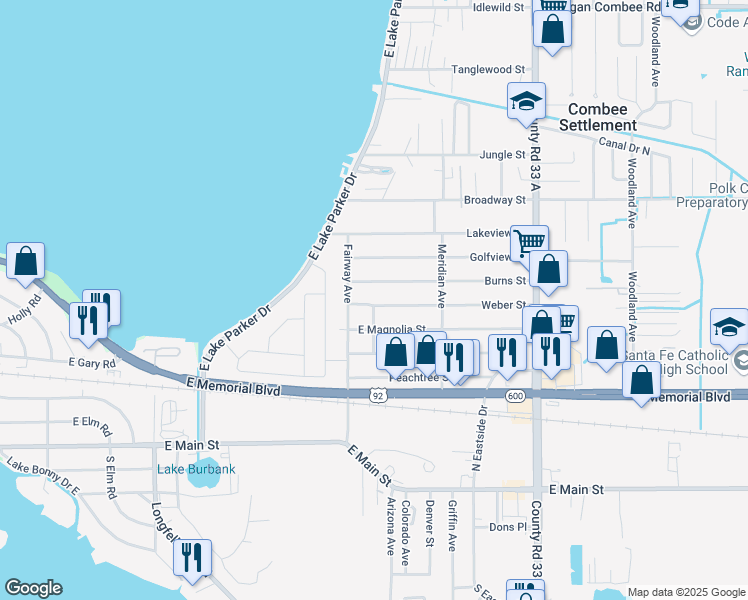 map of restaurants, bars, coffee shops, grocery stores, and more near 2226 Weber Street in Lakeland