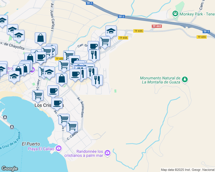map of restaurants, bars, coffee shops, grocery stores, and more near 12 Calle Sierra Nevada in Arona
