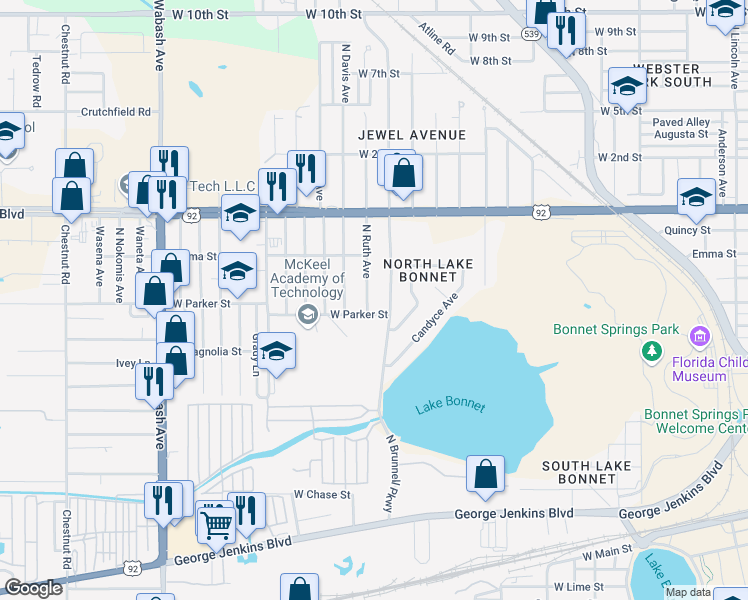 map of restaurants, bars, coffee shops, grocery stores, and more near 809 North Ruth Avenue in Lakeland