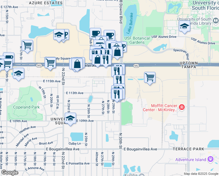 map of restaurants, bars, coffee shops, grocery stores, and more near 2800 East 113th Avenue in Tampa