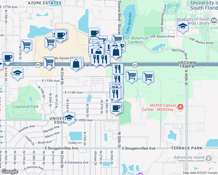 map of restaurants, bars, coffee shops, grocery stores, and more near 2800 East 113th Avenue in Tampa