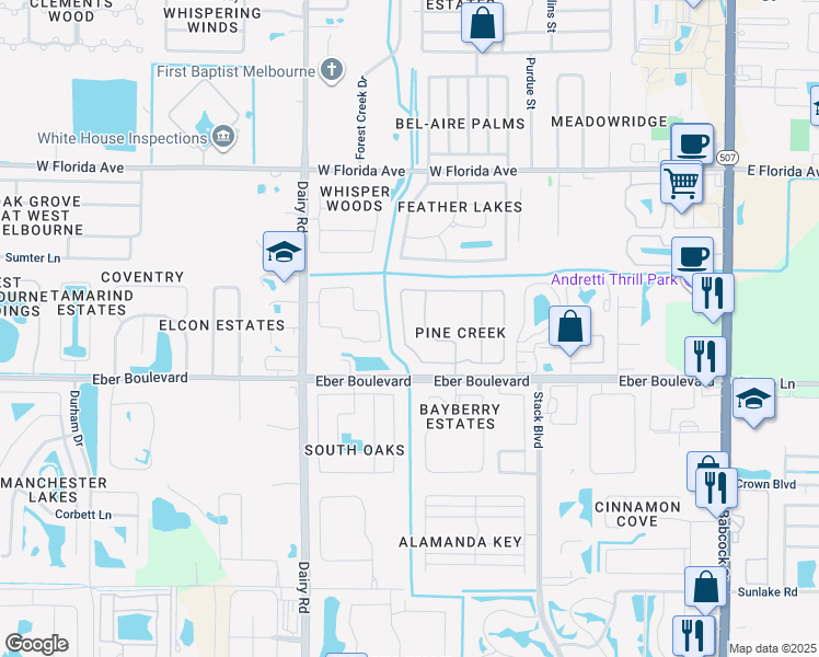 map of restaurants, bars, coffee shops, grocery stores, and more near 1250 Indian Oaks Drive in Melbourne