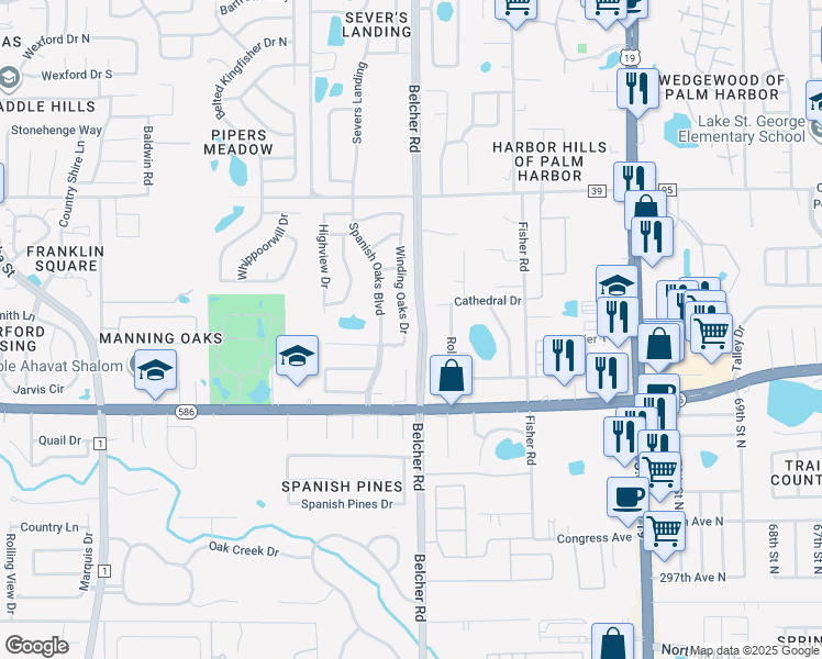 map of restaurants, bars, coffee shops, grocery stores, and more near 1042 Winding Oaks Drive in Palm Harbor