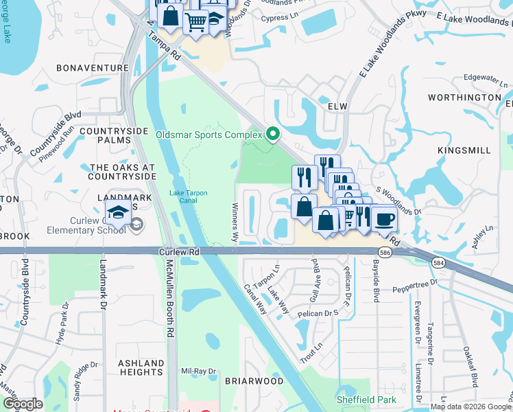 map of restaurants, bars, coffee shops, grocery stores, and more near 244 Countryside Key Boulevard in Oldsmar