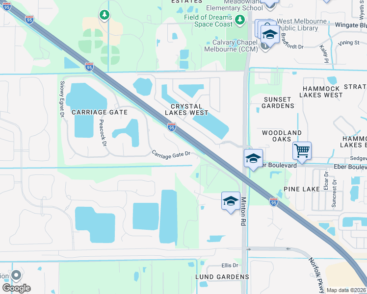 map of restaurants, bars, coffee shops, grocery stores, and more near 3633 Meadowlark Way in Melbourne
