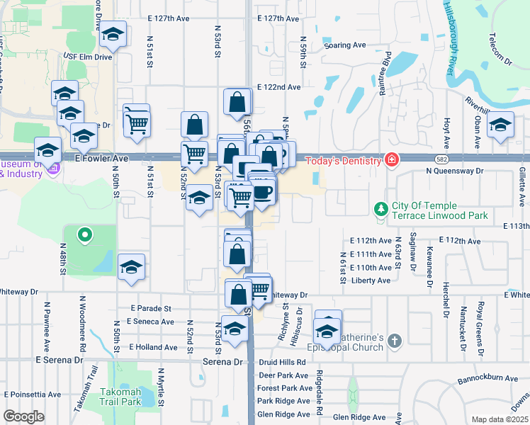 map of restaurants, bars, coffee shops, grocery stores, and more near 11301 North 56th Street in Temple Terrace
