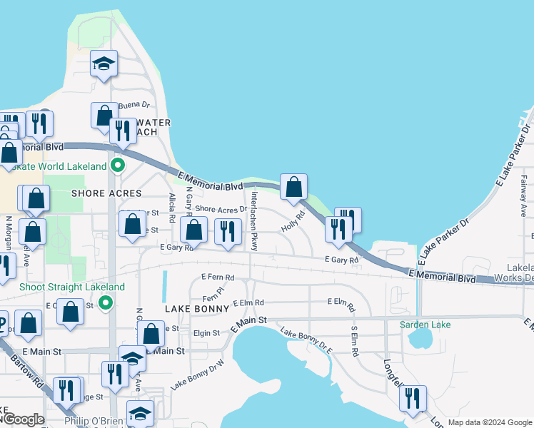 map of restaurants, bars, coffee shops, grocery stores, and more near 1619 Shore Acres Drive in Lakeland