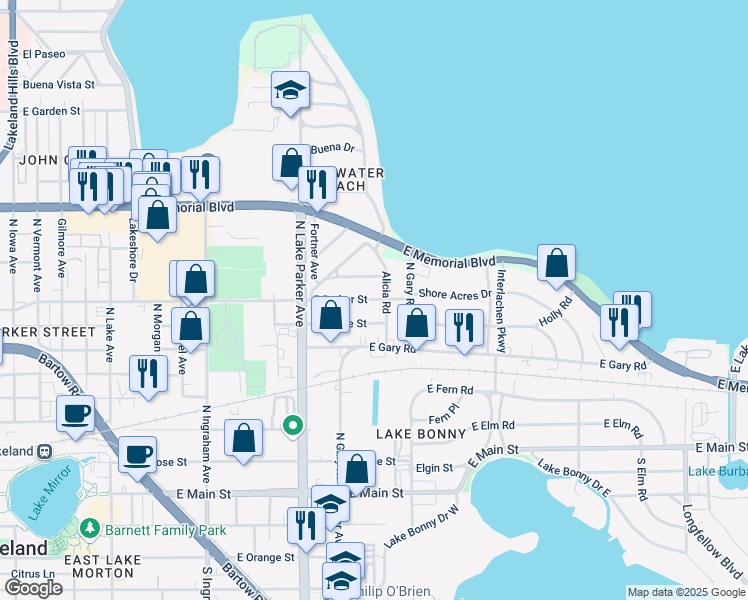 map of restaurants, bars, coffee shops, grocery stores, and more near 1335 East Parker Street in Lakeland