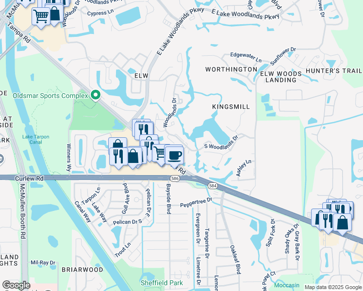map of restaurants, bars, coffee shops, grocery stores, and more near 155 Poole Place in Oldsmar