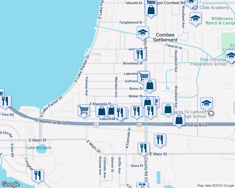 map of restaurants, bars, coffee shops, grocery stores, and more near 731 Meridian Avenue in Lakeland
