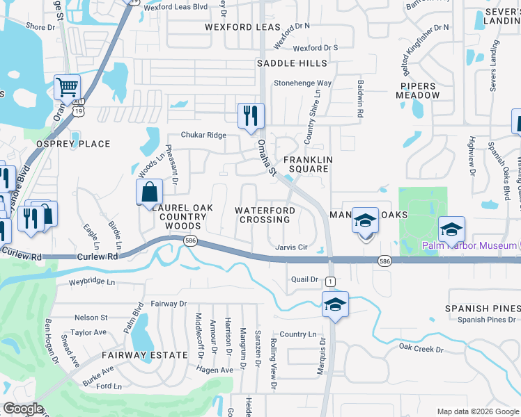 map of restaurants, bars, coffee shops, grocery stores, and more near 2763 Challenger Drive in Palm Harbor