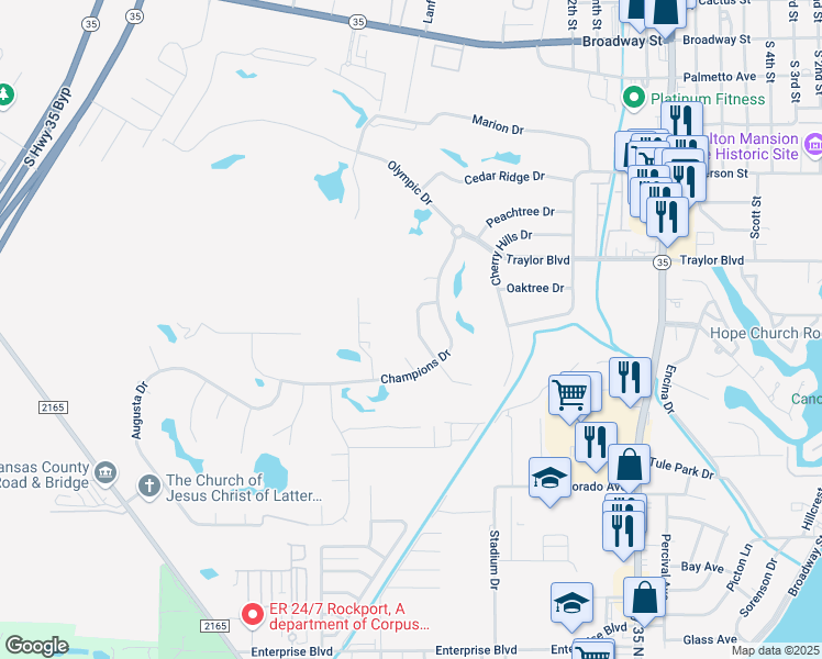 map of restaurants, bars, coffee shops, grocery stores, and more near 115 Royal Oaks Dr in Rockport
