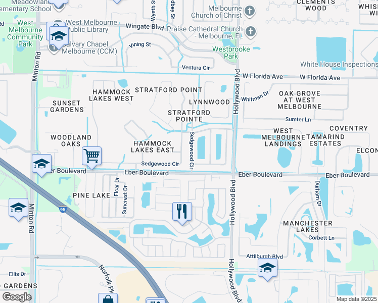 map of restaurants, bars, coffee shops, grocery stores, and more near 1094 Sedgewood Circle in Melbourne