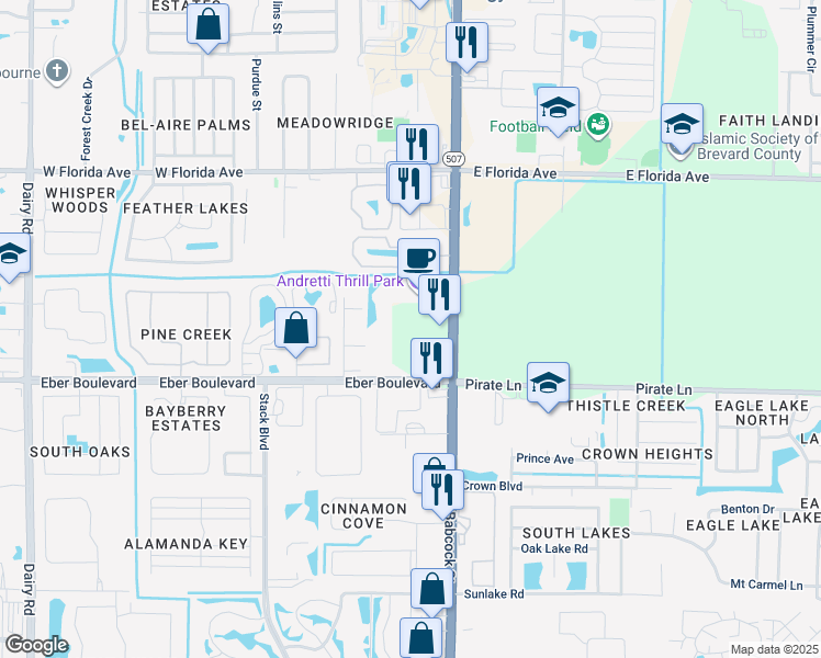 map of restaurants, bars, coffee shops, grocery stores, and more near 3990 South Babcock Street in Melbourne