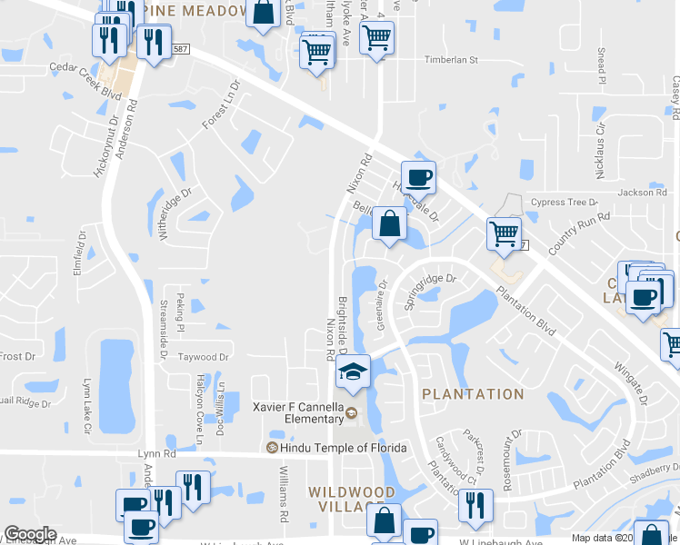 map of restaurants, bars, coffee shops, grocery stores, and more near 10958 Brightside Drive in Tampa