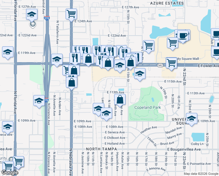 map of restaurants, bars, coffee shops, grocery stores, and more near 1252 East 113th Avenue in Tampa