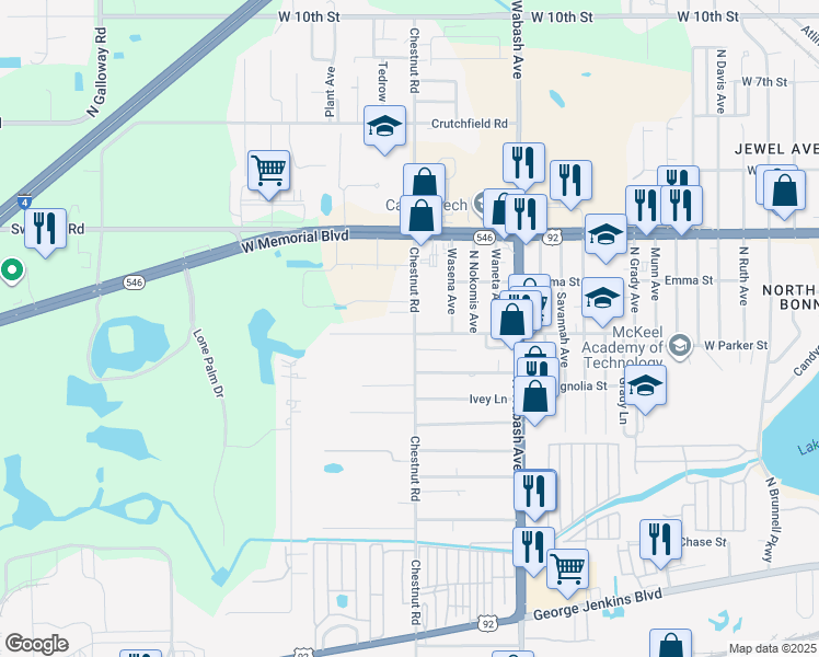 map of restaurants, bars, coffee shops, grocery stores, and more near 802 North Chestnut Road in Lakeland
