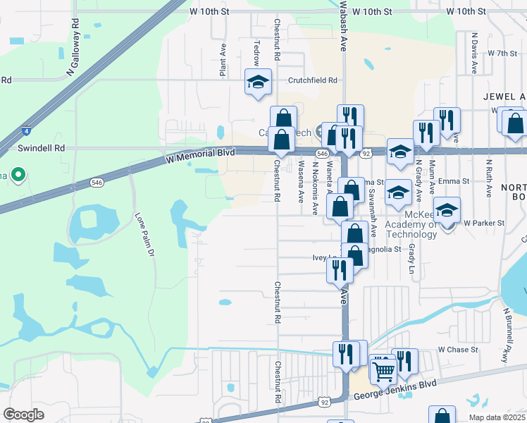 map of restaurants, bars, coffee shops, grocery stores, and more near 802 North Chestnut Road in Lakeland