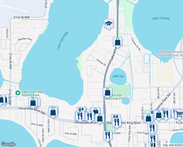 map of restaurants, bars, coffee shops, grocery stores, and more near 2043 Lakeridge Drive in Winter Haven