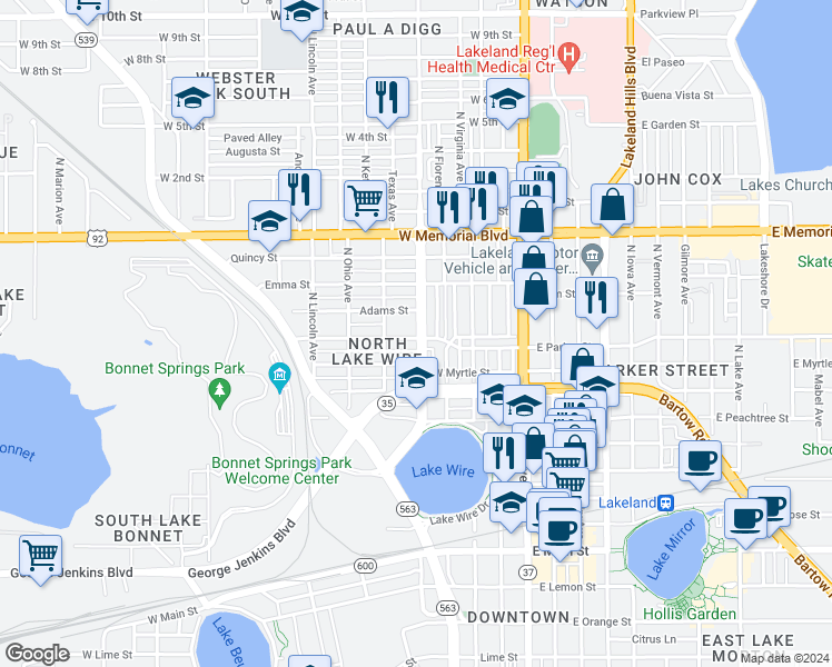 map of restaurants, bars, coffee shops, grocery stores, and more near 802 Martin L King Junior Avenue in Lakeland